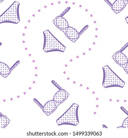 Seamless pattern with women's panties and bra. Underwear with heart print. Vector illustration