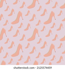 Seamless pattern of women's pink shoes on a light background. Textile factory.