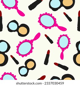 Seamless pattern of womens set - mirror, powder box and red lipstick - cosmetics set - vector pattern