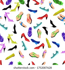 Seamless pattern with women's shoes of different colors and styles.