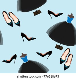 Seamless pattern with women's shoes and dress. 