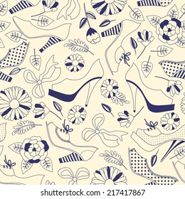 Seamless pattern with women's shoes and flowers.