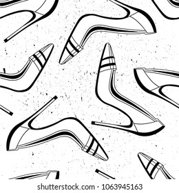 Seamless pattern with women's shoes, hand drawn icons. Black and white overlapping backdrop. Shopping background vector. Decorative illustration, good for printing