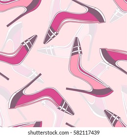 Seamless pattern with women's shoes, hand drawn icons. Colorful collection of objects, shopping background vector. Decorative illustration, good for printing
