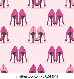 Seamless pattern with women's shoes, hand drawn icons. Colorful overlapping backdrop. Shopping background vector. Decorative illustration, good for printing