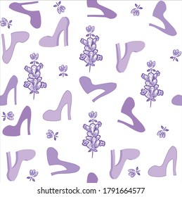 Seamless pattern with women's shoes and lavender. Repeating abstract background with a purple tint. Can be used as a cover for prints of clothes and bags, business notebook, decoration of gifts