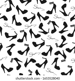 seamless pattern with women's shoes and lettering black and white graphics