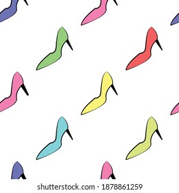 Patrón sin foco de los zapatos de las mujeres en un fondo blanco. Ilustración vectorial de zapatos de moda. Perfecto para la impresión de tela textil, envoltura, papel pintado.