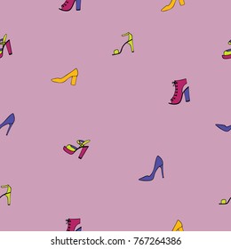 Seamless pattern with women's shoes on a pink background.