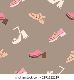 Seamless pattern with women's shoes, sandals and mules. Cute style, pastel colors. Fashion, parties and lifestyle concept. Hand drawn vector illustration. Print, fabric, wrapping paper etc.