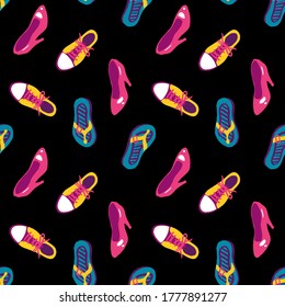Seamless pattern womens shoes, sneakers, shale. Fashion illustration on black background. Vector