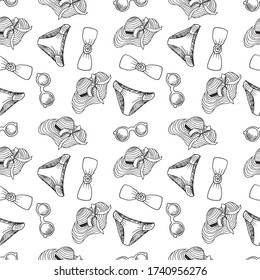 Seamless pattern with women's summer equipment for beach, suntanning, rest. Swimsuit, sunglasses, straw hat on white background. Vector hand drawn illustration in sketch doodle style