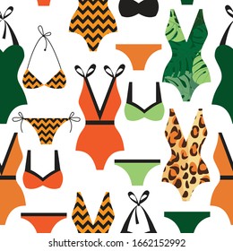 seamless pattern of women's swimsuits on a white background. collection of swimwear on an environmental theme. the flat pattern. it can be used for decoration of summer products. stock vector 