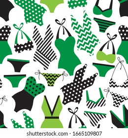 seamless pattern of women's swimsuits on a white background. a collection of black and white swimsuits with a green accent and geometric print. the flat pattern. stock vector illustration. EPS 10. 