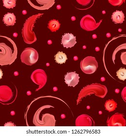 Seamless pattern .Women's theme of cosmetics. Bright strokes of lipstick on a dark brown background.Illustration.