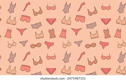 seamless pattern with women's underwear, icons of bras, panties, shirts.