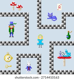 Patrón sin fisuras del arte del pixel del país de las maravillas en estilo de juego de ocho bits. Alicia, conejo, gato, sombrerero loco, oruga, setas en estilo de juego de 8 bits. Ilustración vectorial.