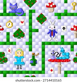Patrón sin fisuras del arte del pixel del país de las maravillas en estilo de juego de ocho bits. Alicia, conejo, gato, sombrerero loco, oruga, setas en estilo de juego de 8 bits. Ilustración vectorial.