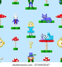 Padrão contínuo de arte de pixel Wonderland em estilo de jogo de oito bits. Alice, coelho, gato, chapeleiro louco, lagarta, cogumelos no estilo do jogo de 8 bits. Ilustração vetorial.