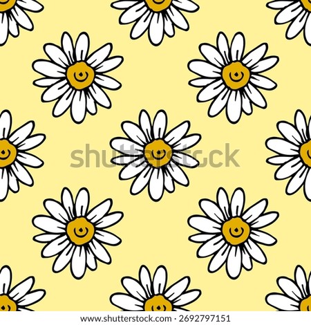 Seamless pattern in wondrous Chamomile on yellow background. Vector image.