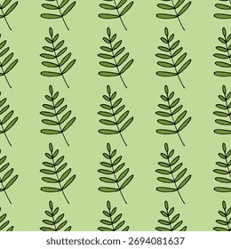 Seamless pattern in wondrous green leaves on green background. Vector image.