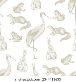 Seamless pattern with wood animals. Vector