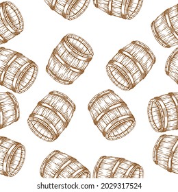 Seamless pattern of wood barrels for wine or whiskey. Vector illustration