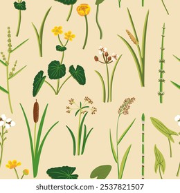 seamless pattern with wood club-rush, bulrush, reed, marsh-marigold, vector drawing wild water plants , floral background, hand drawn botanical illustration