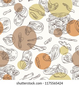 Seamless pattern with wood ears: muer mushroom and a bit of wood ears. Mushrooms. Vector hand drawn illustration