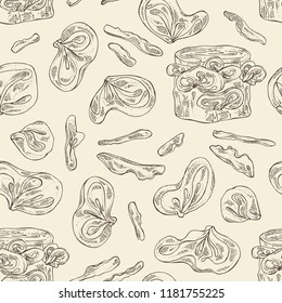 Seamless pattern with wood ears: muer mushroom and a bit of wood ears. Mushrooms. Vector hand drawn illustration