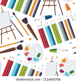 Seamless pattern with wood easel, palette, artist pencils, brushes on white background, good for artist courses, fine art classes and stationery package