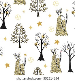Seamless pattern with wood spirit,trees and stars.