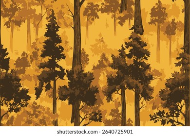 Seamless pattern of woodcut prints, with dense foliage and tall trees.Vector hunting camo background. Tree pattern