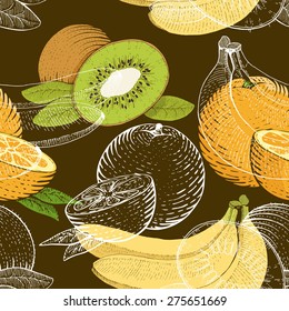 Seamless pattern in woodcut style with fruits on brown background. Hand drawn sketch fruits. Vector illustration.