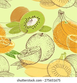 Seamless pattern in woodcut style with fruits on green background. Hand drawn sketch fruits. Vector illustration.