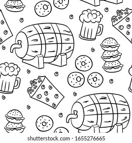 Seamless pattern with wooden barrel, beer mug and snack. Vector illustration in Doodle style on a white background.For pub design, restaurant menus, signage, textiles.