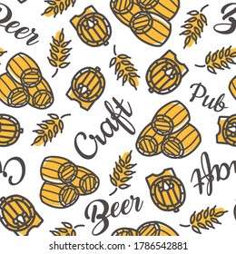 Seamless pattern with wooden barrel for craft beer, whiskey or wine