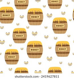 seamless pattern with wooden barrels of honey isolated on white background, flat style