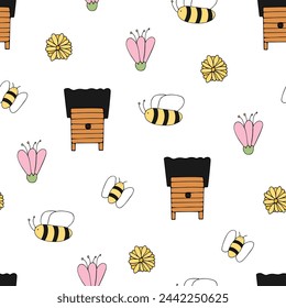 Seamless pattern with wooden beehive, flowers,bees. Natural bee products. Colored doodle texture on changeable white background. Hand drawn elements in bright colors. Kids pattern for fabric, print.