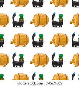 Seamless pattern with a wooden beer barrel and black cat with green hat.