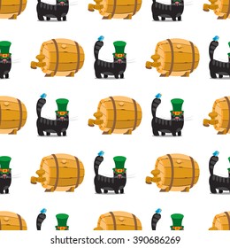 Seamless pattern with a wooden beer barrel and black cat with green hat.