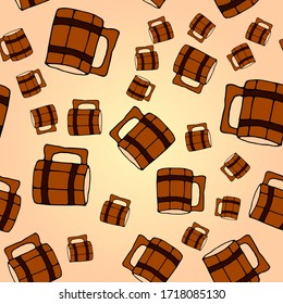 Nahtloses Muster mit einem Bierkrug aus Holz. Farbige, handgezeichnete Vektorgrafik. Geeignet für Tattoo, Design, Markenlogo, Badge, T-Shirts, Karten.