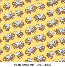 seamless pattern with wooden beer mugs on a yellow background vector