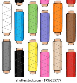 Seamless pattern of wooden bobbins, spools with colored thread isolated on background. Equipment for sewing, tailoring, accessory for needlework and clothing repair. Vector