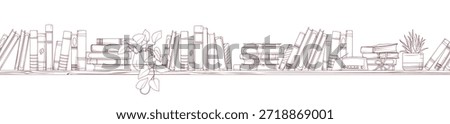 Seamless pattern from of wooden bookshelf filled with standing books, stack of books, houseplants. Book lover, bookstore, library concept. Vector illustration in graphic style of bookshelf