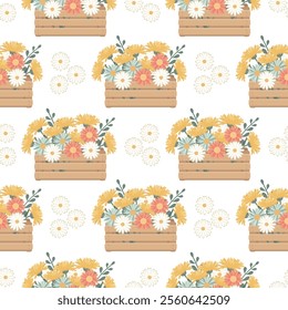 Seamless pattern of wooden boxes with spring flowers. Pastel colors. Congratulatory background, packaging design