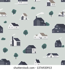 Seamless pattern with wooden country houses, town cottages, dwelling in Scandic style. Backdrop with suburban residential buildings. Flat vector illustration for wrapping paper, textile print.