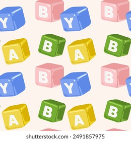 Seamless pattern with wooden cubes composed of the words baby, color vector illustration.