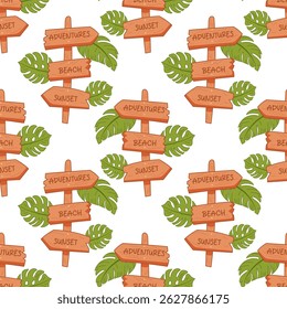 Seamless pattern with wooden direction signs for beach, sunset and adventure