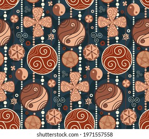 Seamless pattern with wooden garland of amulets and curls on dark blue background. Vector texture with yin yang, triskel and horseshoe. Wallpaper with talismans for good luck